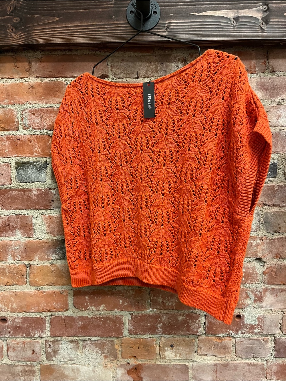 Openwork Scoop-Neck Short Sleeve Sweater - Orange